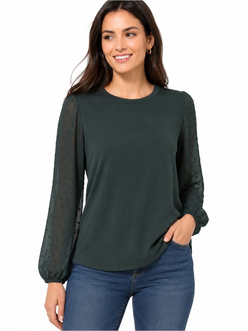 LOFT Green Swiss Dot Sheer Sleeve Blouse Small